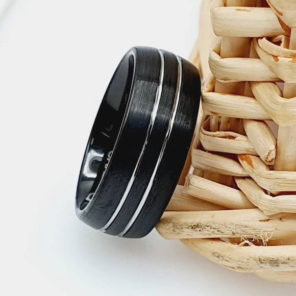 "Couble Groove Design Black Tungsten Wedding Band, GALTUN945 - Picture 4 of 4